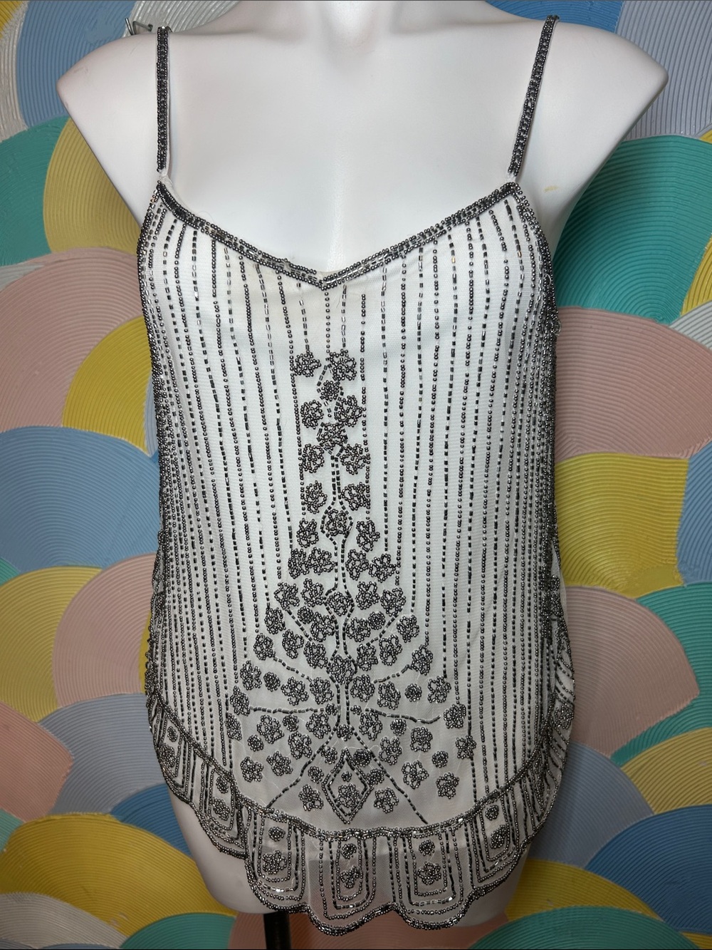 Saks Fifth Ave White Beaded Spaghetti Strap Tank Top sz s